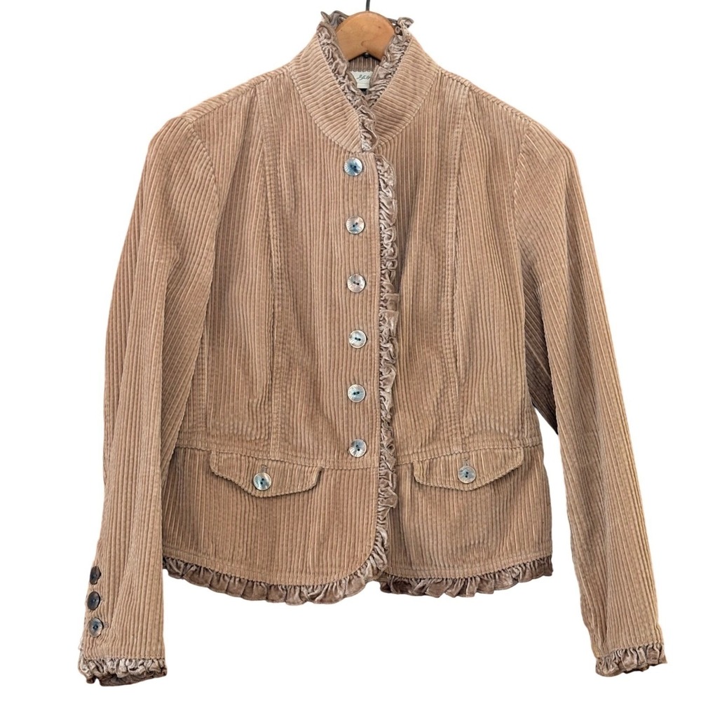 J. Jill Womens Tan Neutral Corduroy‎ Jacket XSP Ruffle Victorian Military Boho